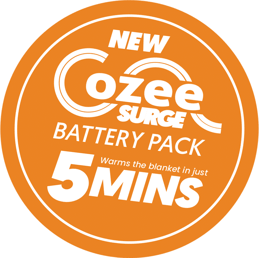 The Cozee Surge battery pack heats the blanket is just 5 minutes